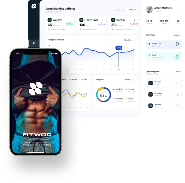 Part of a mockup for an iPhone with two popups displaying fitness app features