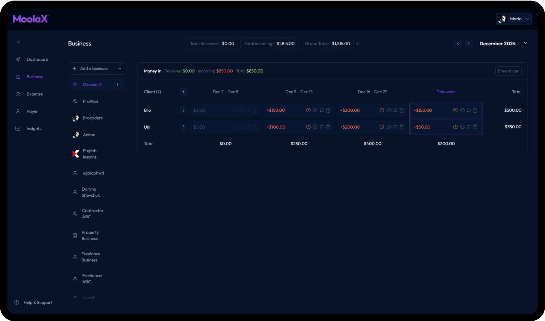 Moolax app all transaction screen