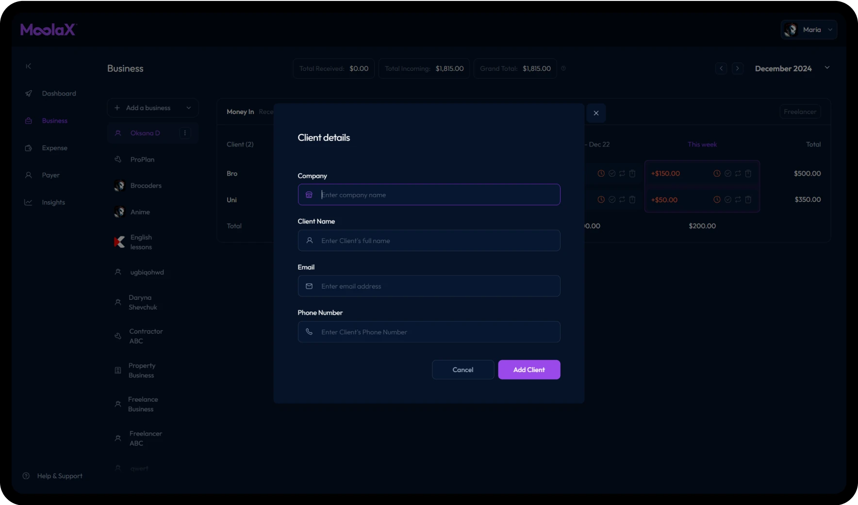 Moolax cash flow app client details dashboard screen