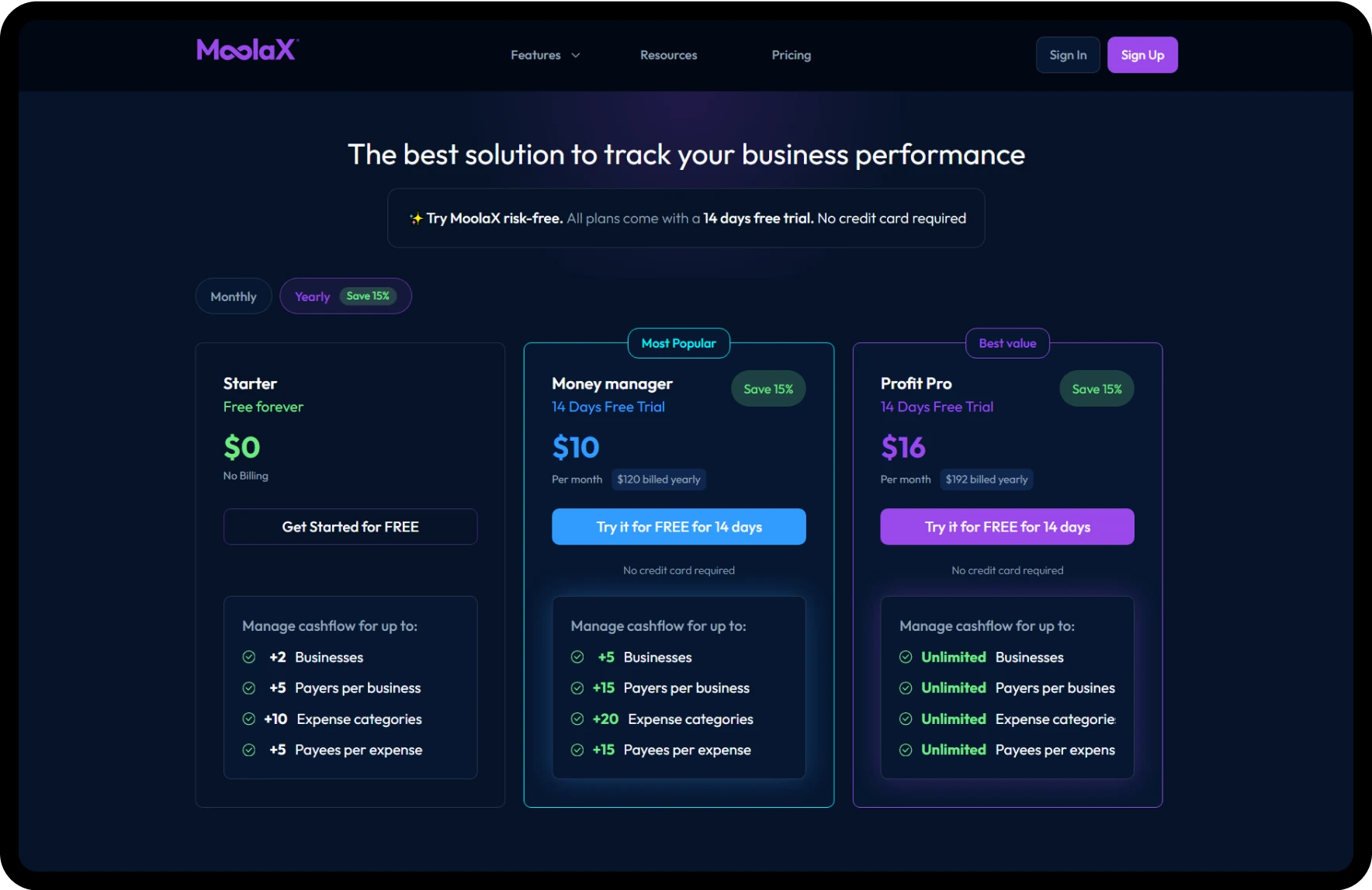 Moolax screen view pricing categories