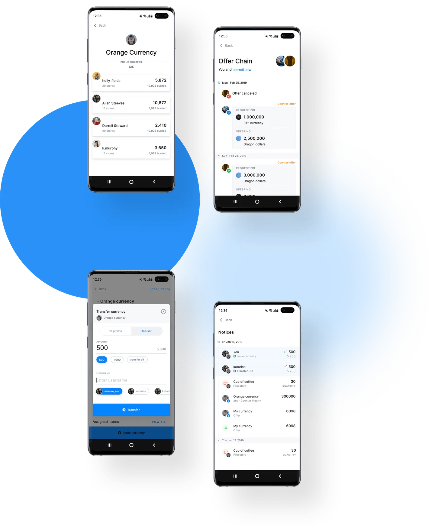 Four captures displaying transfer settings and notifications