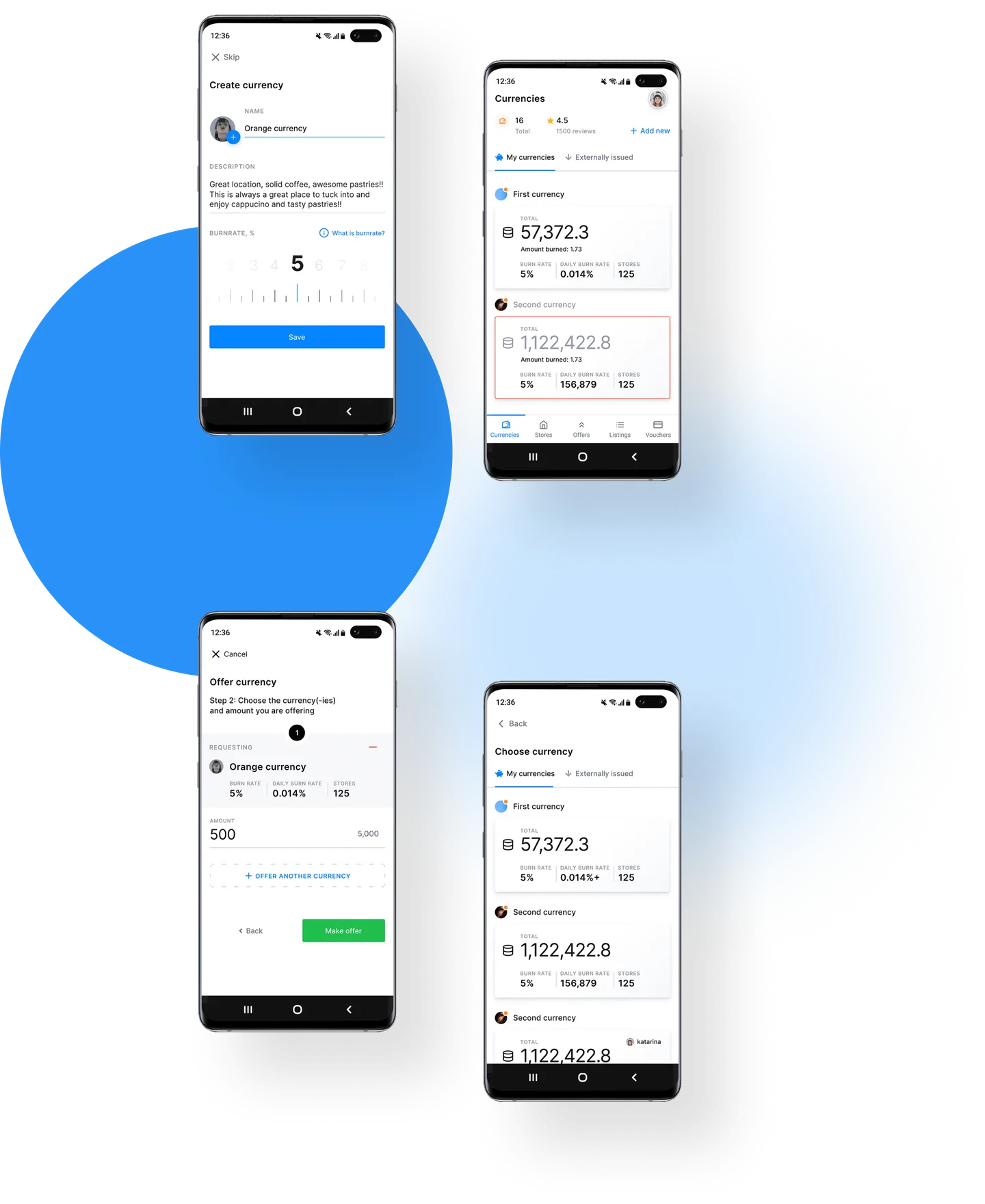 Four mockups showing points distribution process, points system creation, and points withdrawal history