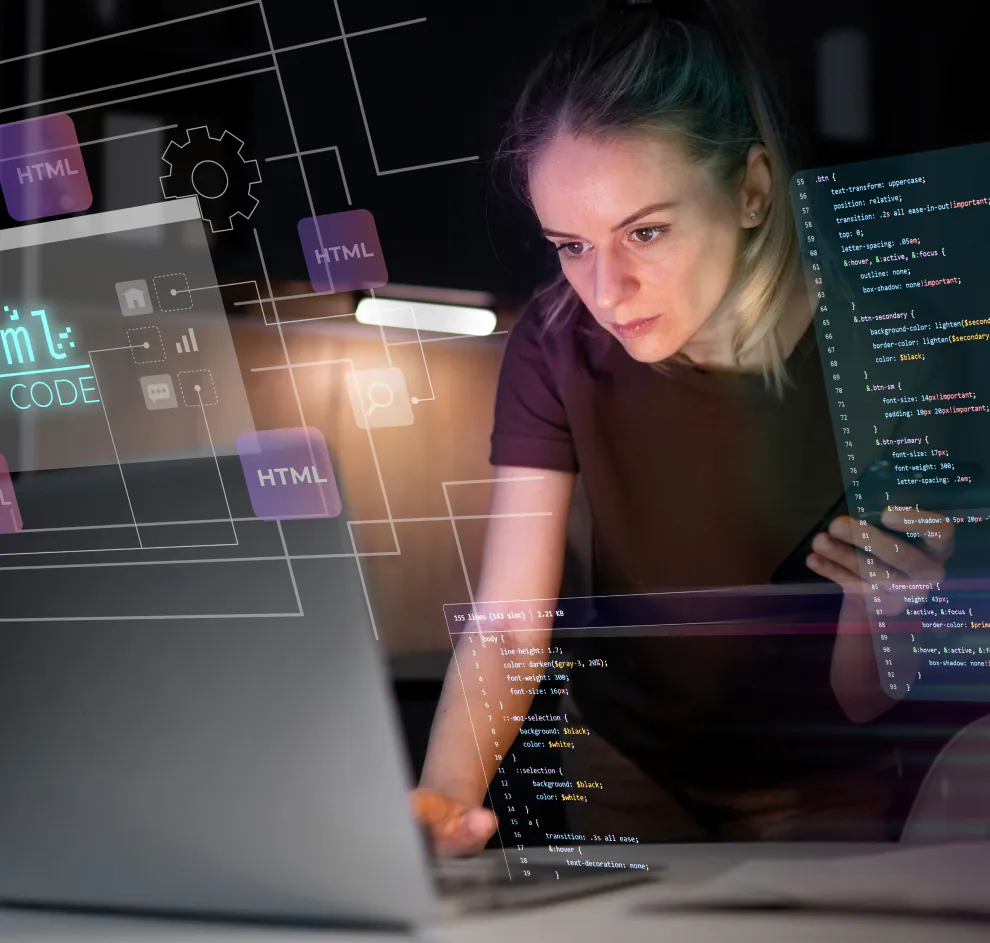 Woman coding on laptop with holographic HTML and code overlays in dark setting