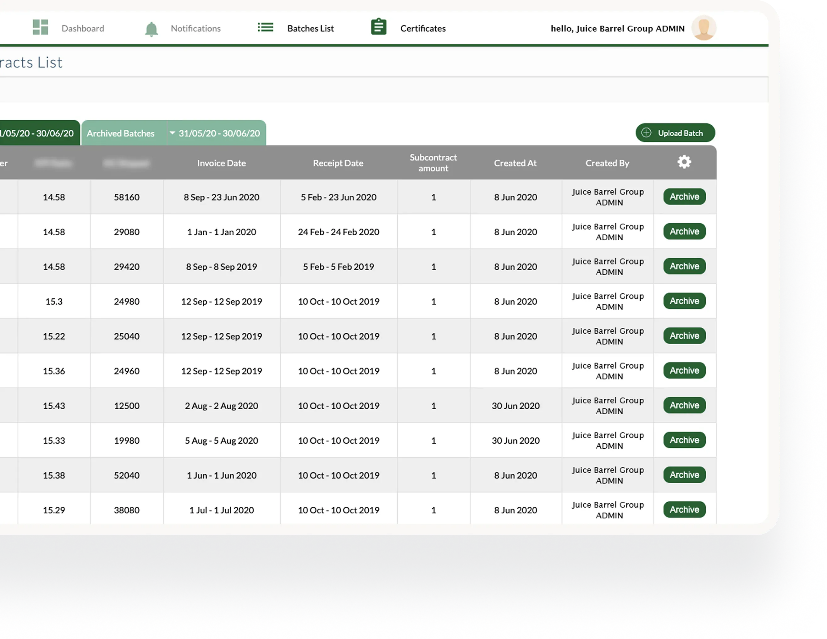 Capture showing ON Consulting logistic platform dashboard with archived batches