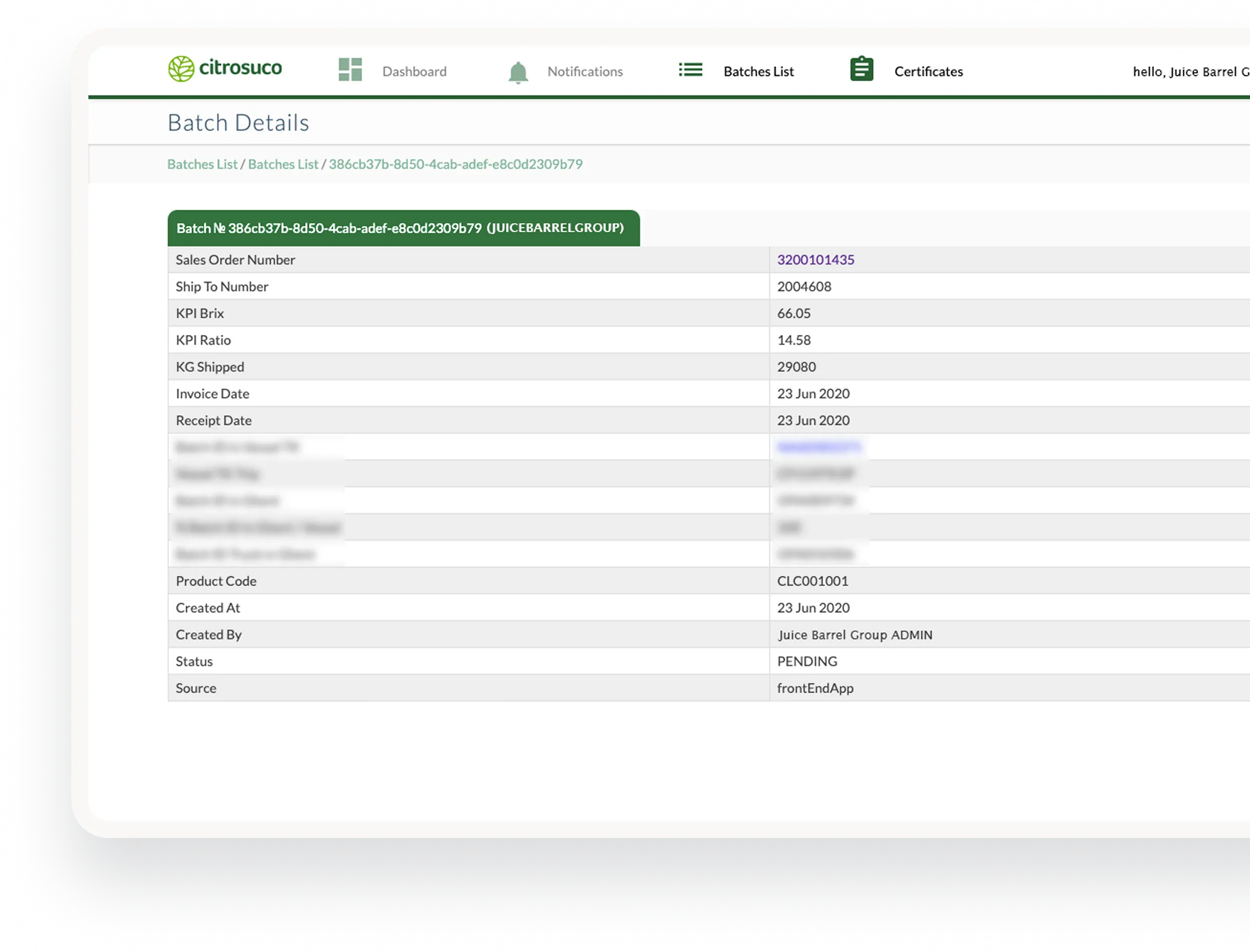 Capture illustrating Citrosuco platform dashboard interface with batch list