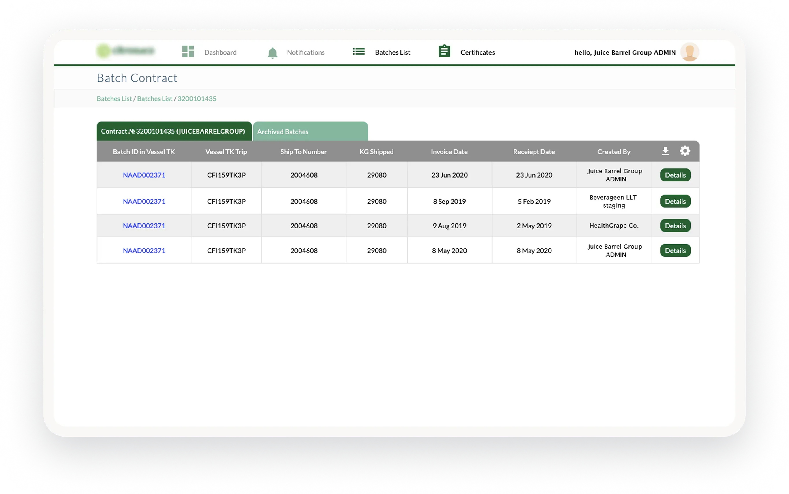 Screen presenting ON Consulting logistic platform dashboard with batch contract list