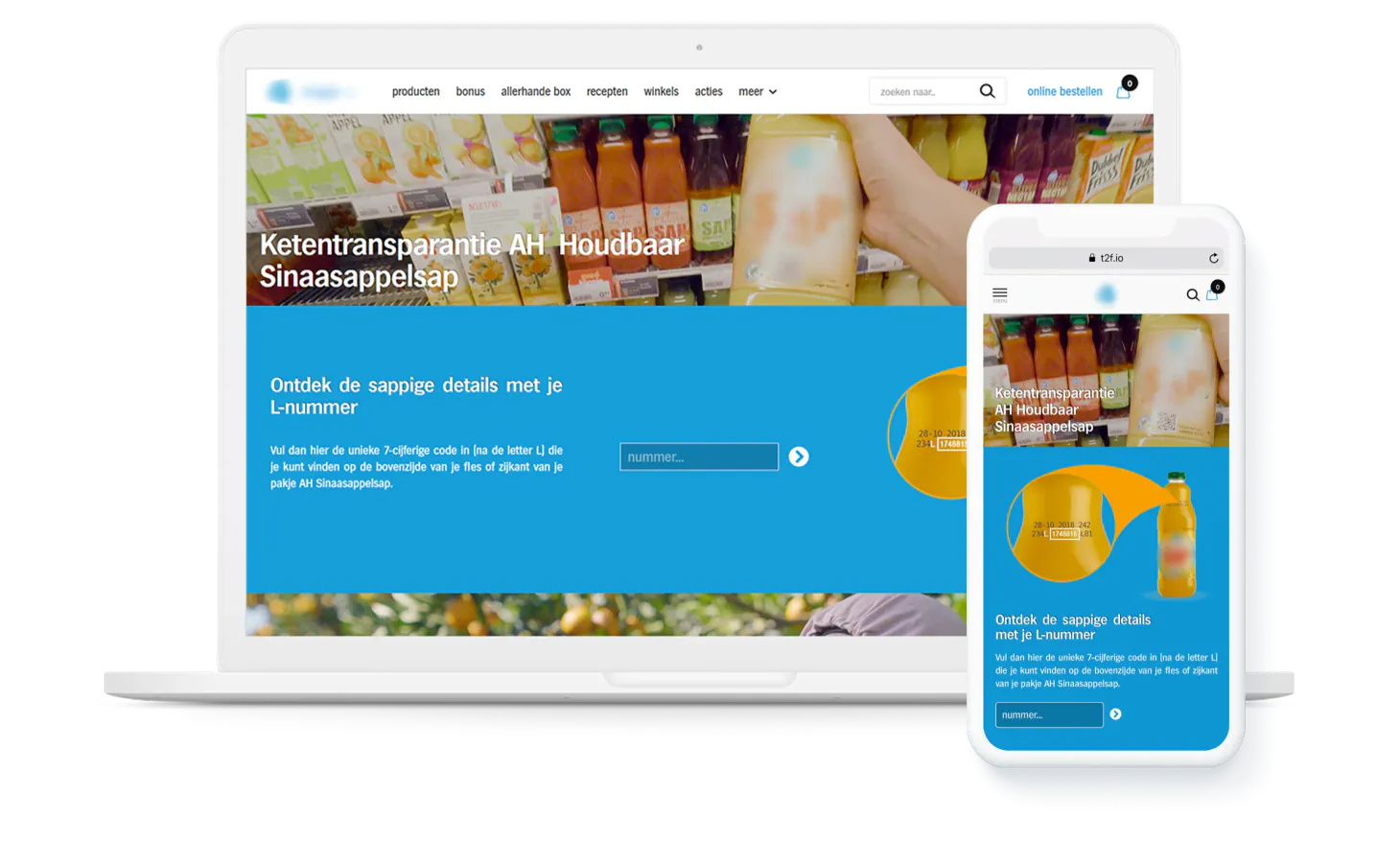 Laptop mockup and smartphone display presenting supermarket webpage with information about juice