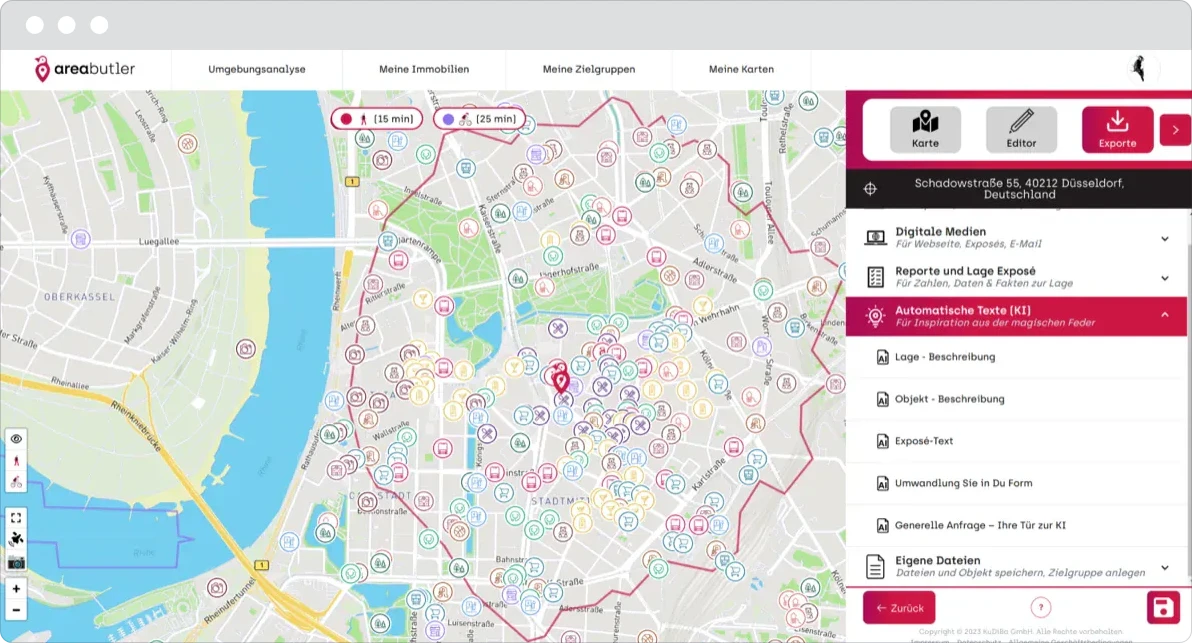 AreaButler location analysis: a city map with points of interest and a side panel for AI-written texts and export