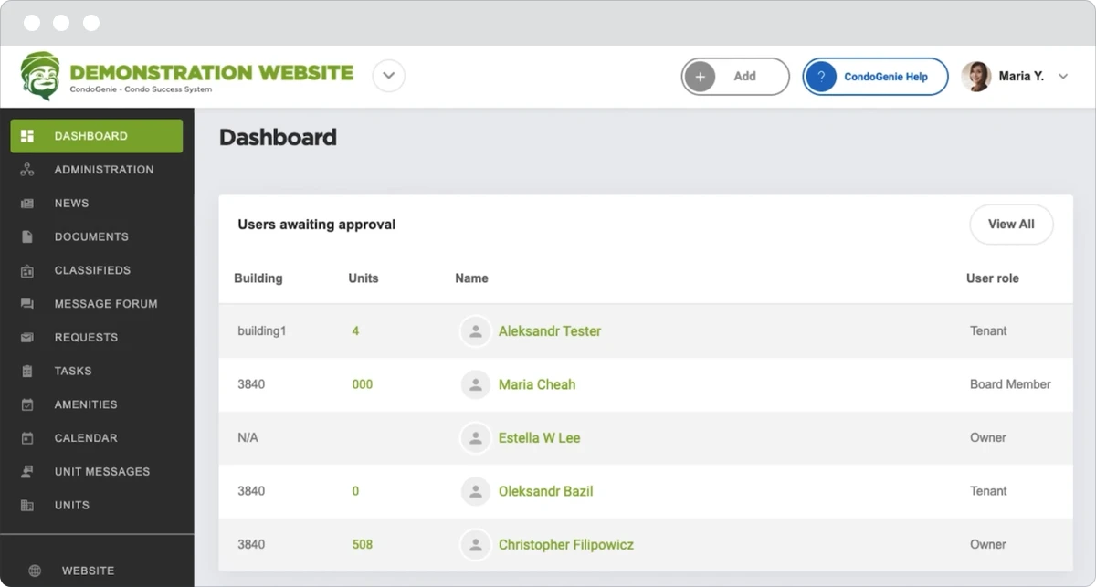 CondoGenie admin dashboard in a browser window, with users awaiting approval by building, unit, name and role, and a side menu with news, documents, requests, tasks and amenities