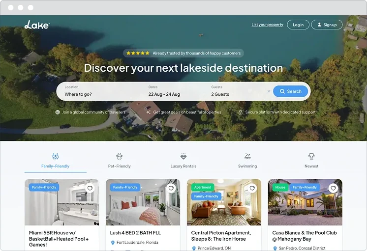 Lake vacation rental marketplace home page in a browser window, with a search bar and a row of property listings