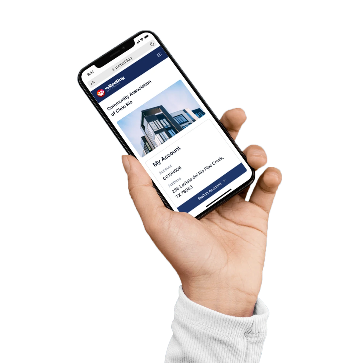 Iphone in hand demonstrating HOA Management app interface