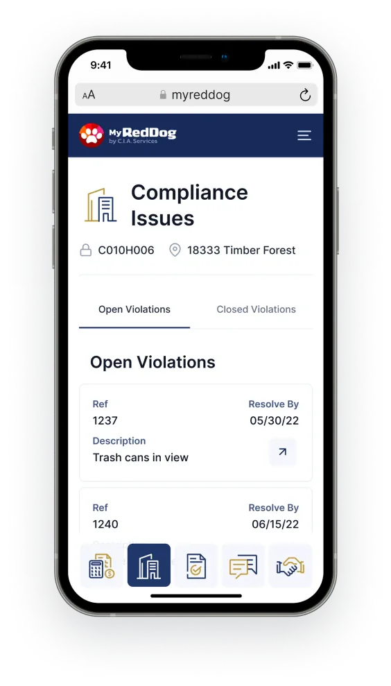 Platform page on a smartphone displaying an Open Violations list with a trash cans issue
