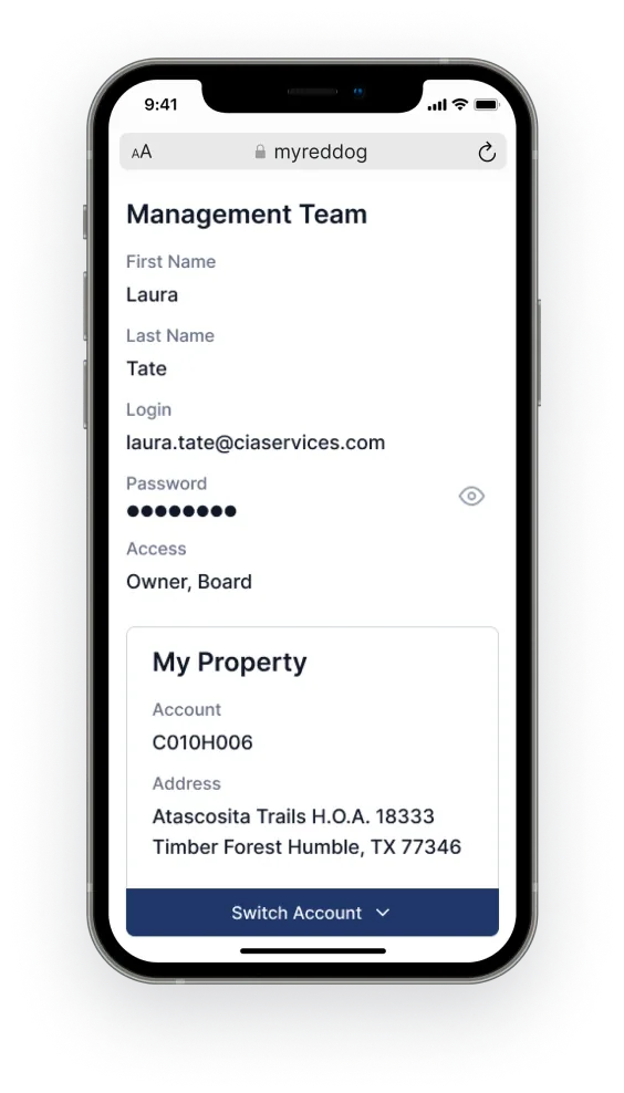 Property owner's tool illustrating account settings for a management team profile