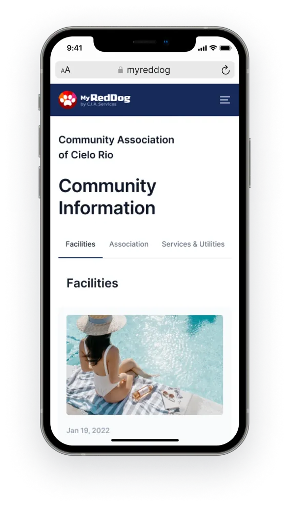 App community information facilities section with a pool photo