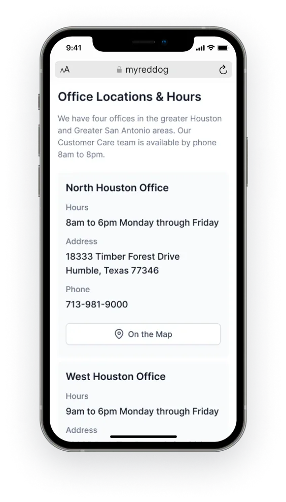 Smartphone exhibiting office locations and hours of a community residents application
