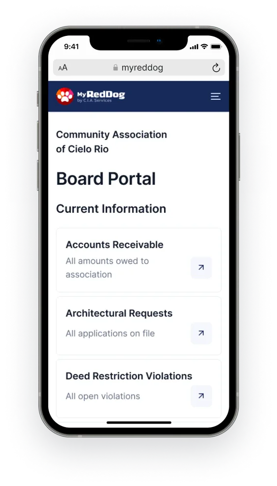 Board Portal showing Accounts Receivable, Architectural Requests, and Deed Restriction Violations sections