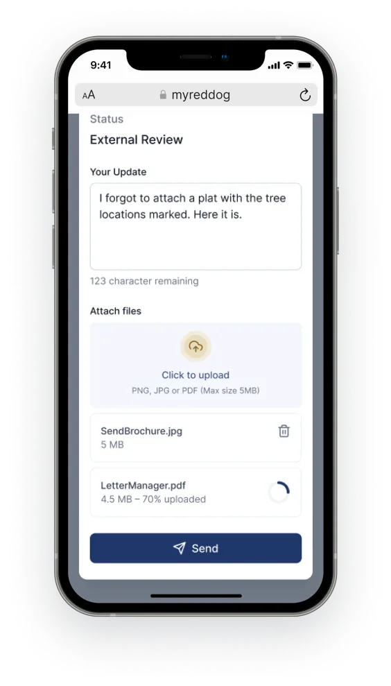 Interface illustrating a review status page with a text update about attaching a plat with tree locations