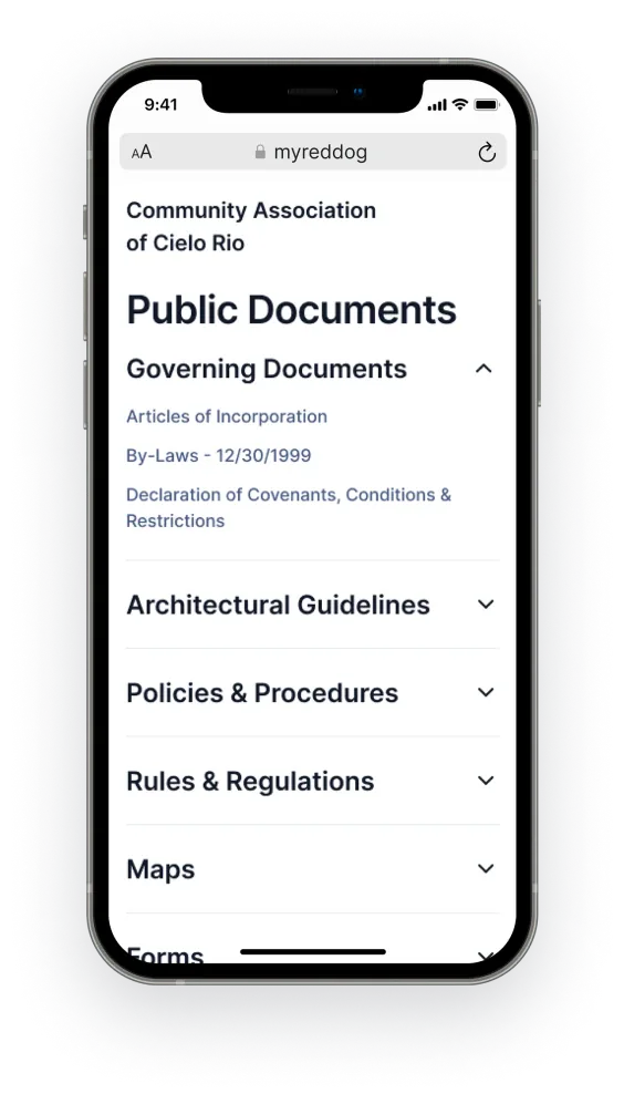 MyRedDog app on a smartphone displaying architectural guidelines, policies, rules, maps, and forms