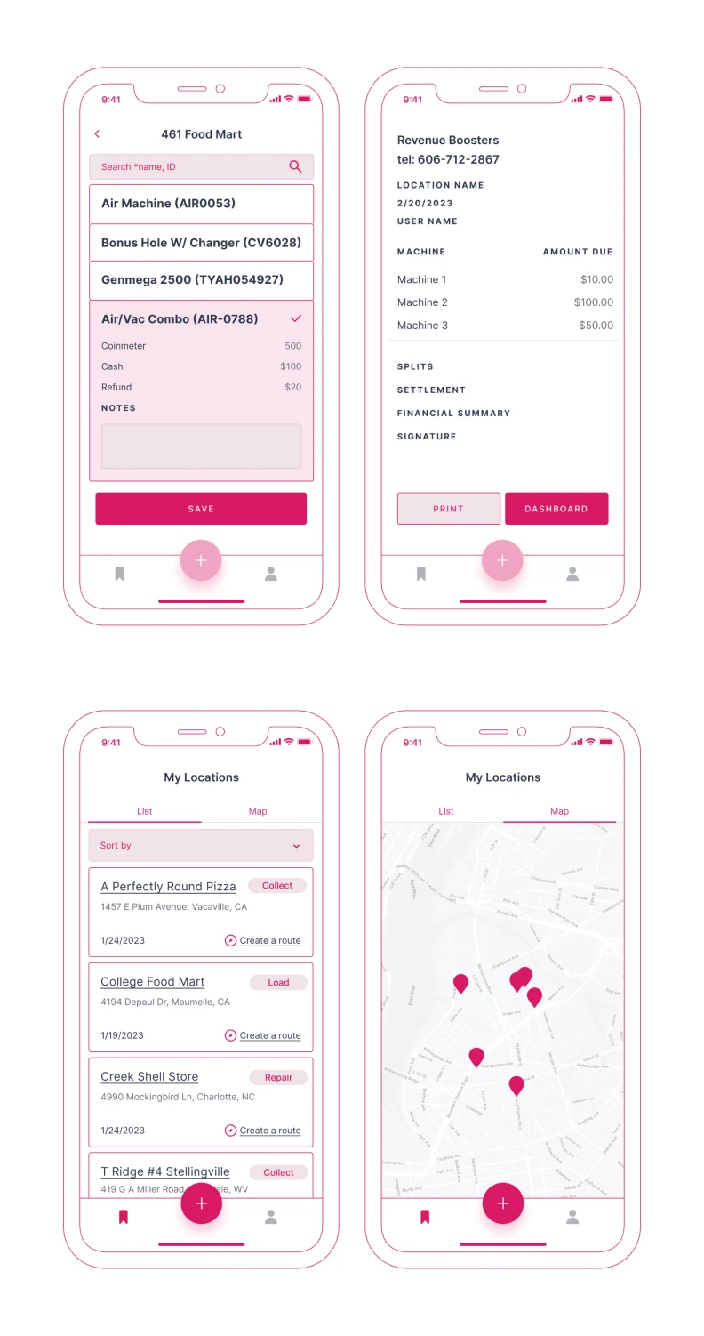 Four smartphones showing mockups of a vending machine management app