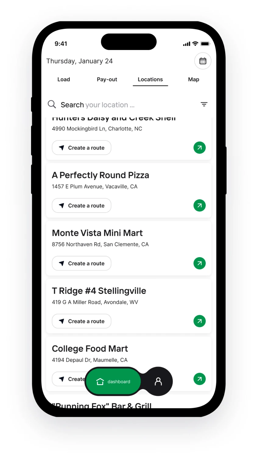 Smartphone display presenting Revenue Boosters application with route list