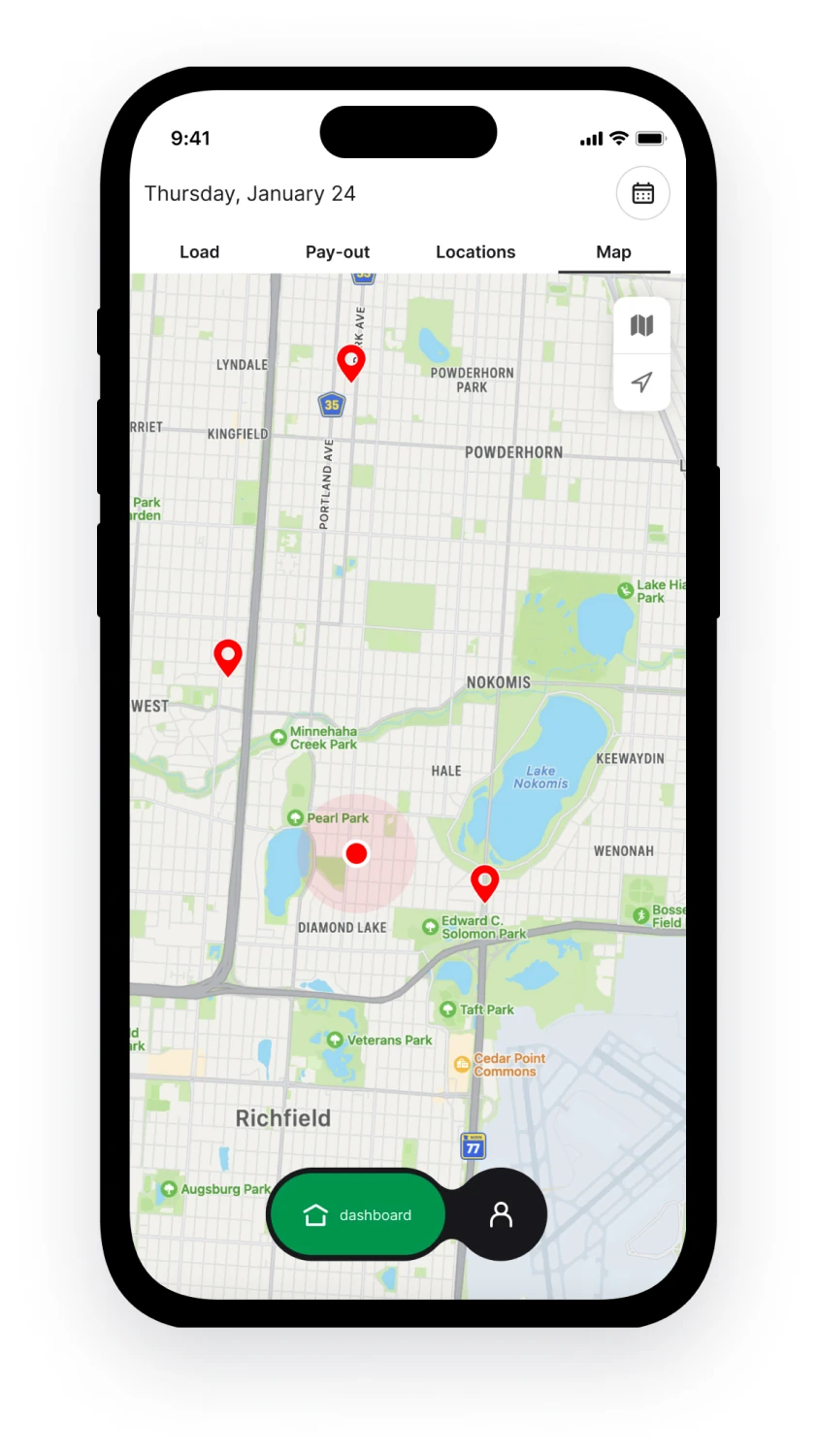 Mockup screen capture displaying map with locations of Revenue Booster app