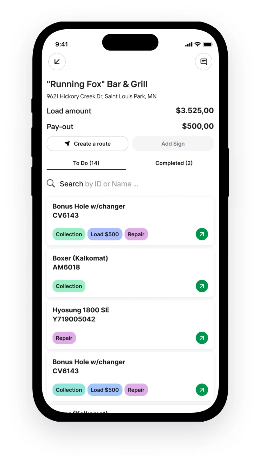 Screen presenting to do rout list of vending management application