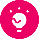 Pink circular figure with white lightbulb and glowing spark