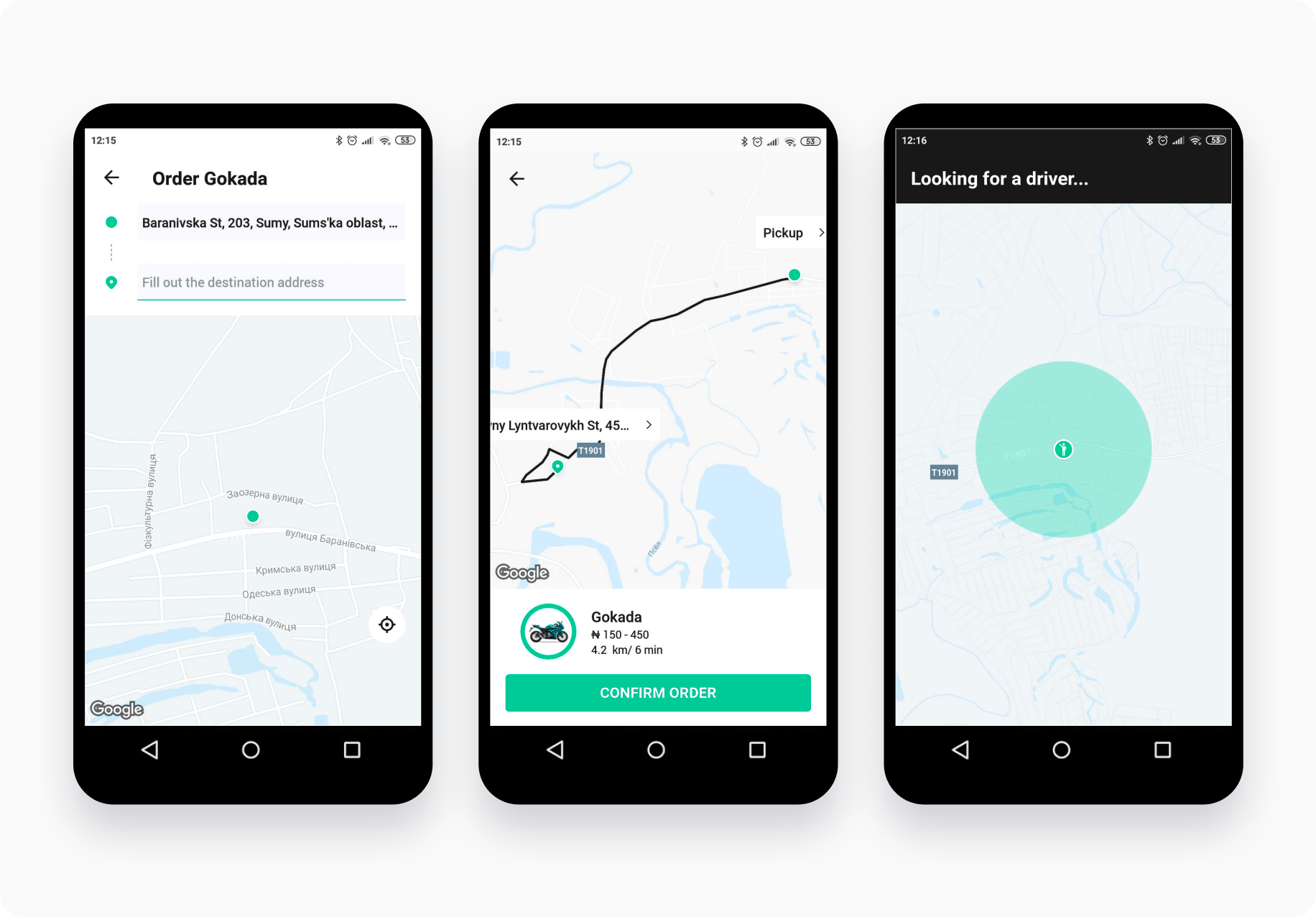 Tree smartphones displaying Gokada app Google map integration function