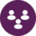 Purple round figure showing group of three white user icons