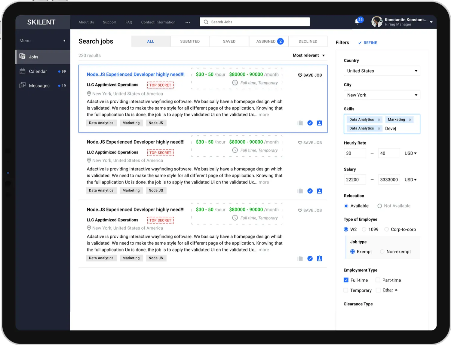 Most relevant job search feature in hiring management website on tablet