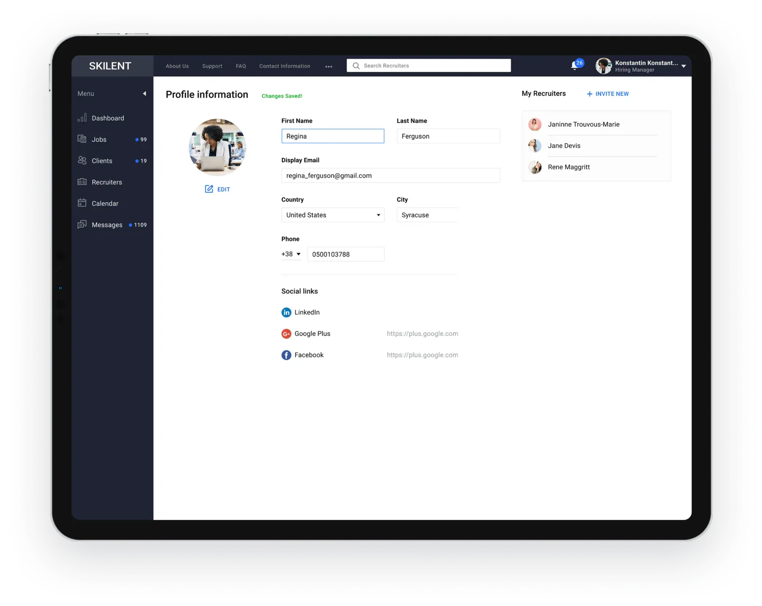 Tablet screen presenting account profile settings
