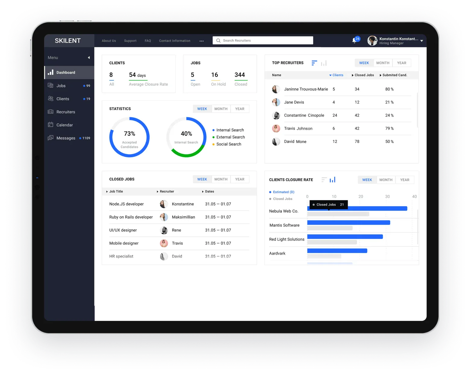 Recruiting platform dashboard showing statistical data