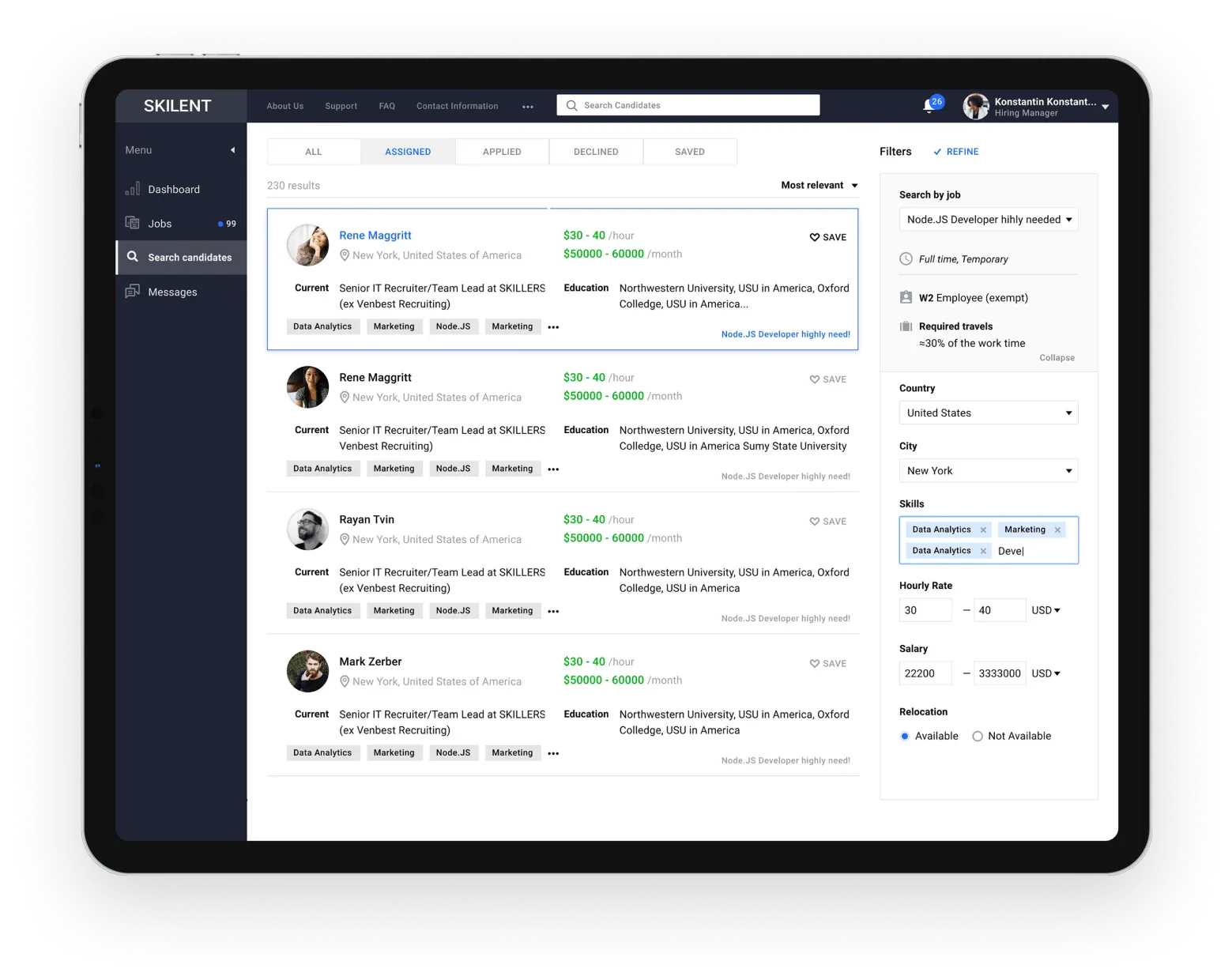 Application dashboard demonstrating filtered job contenders by most relevant positions