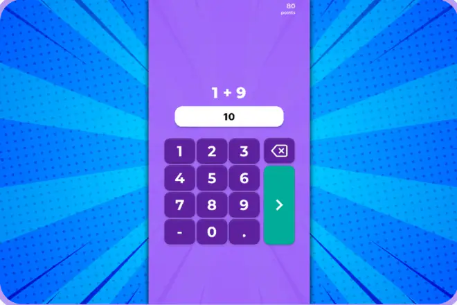A student's screen in a live round: 1 plus 9, answered with the calculator