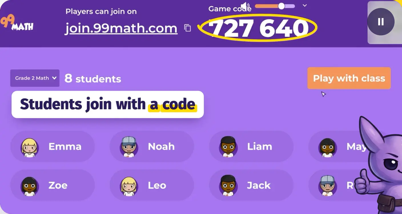 The teacher's board in a live game: the game code, and the class avatars as students join