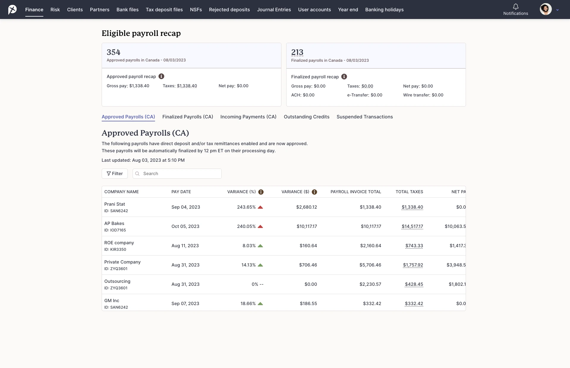 Screen capture displaying payroll website with approved payrolls report page