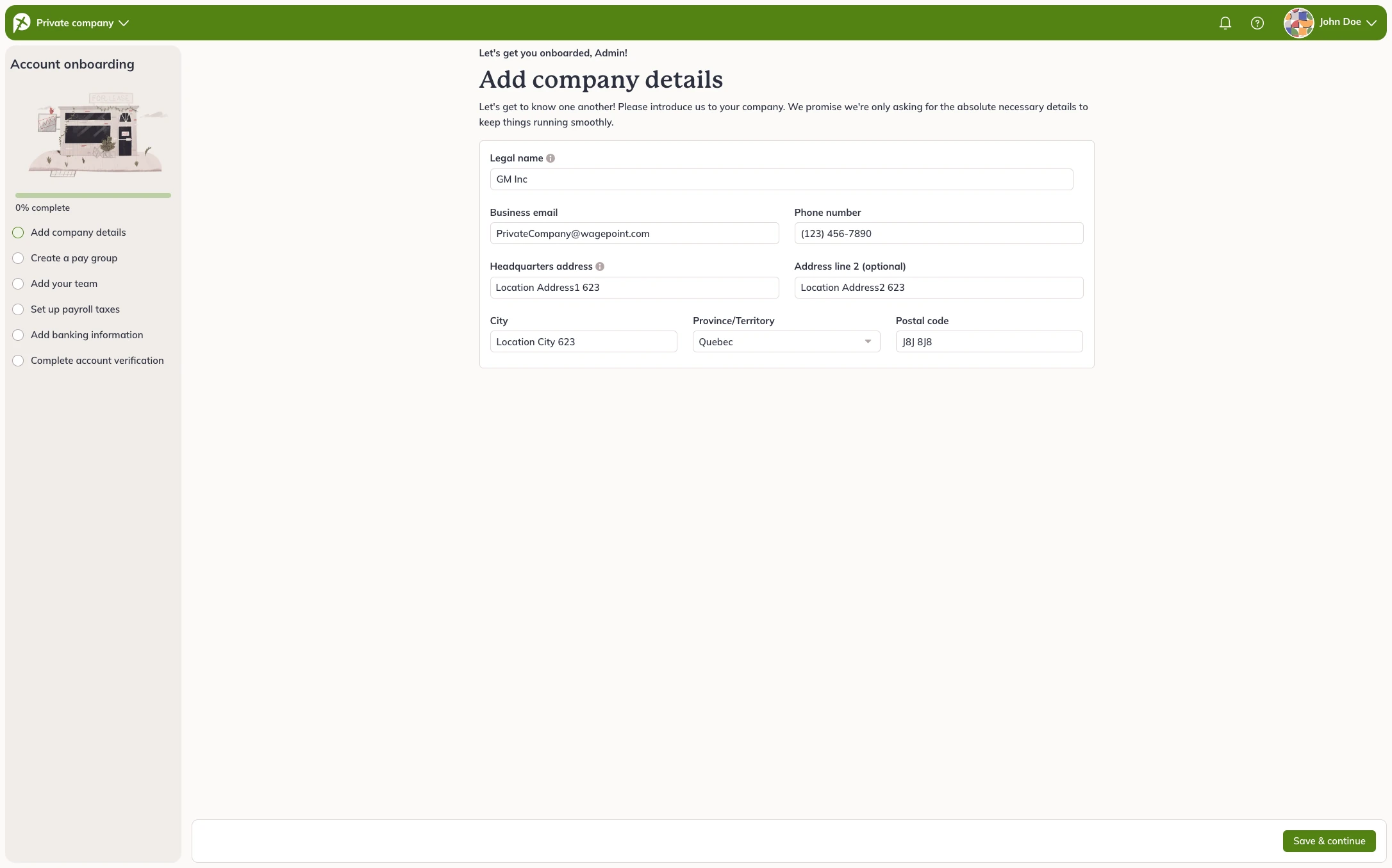 Capture showing payroll software first-time user page